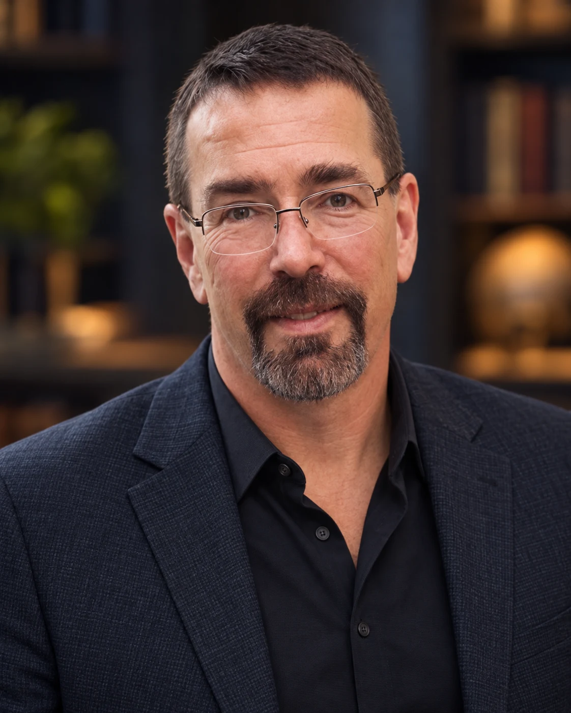 Martin Pryce wearing a charcoal gray jacket and black shirt against a library background